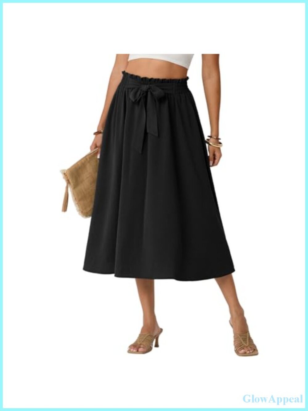 High Waisted Flowy Midi Skirt with Pockets Summer Beach Vacation Knee Length